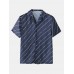 Mens Navy Stripe Pajama Set Revere Collar Two Pieces Faux Silk Home Sleepwear