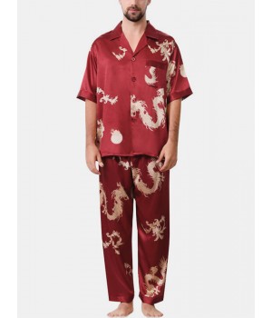Mens Dragon Print Short Sleeve Pajamas Suit Sleepwear