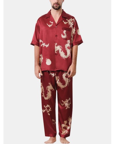 Mens Dragon Print Short Sleeve Pajamas Suit Sleepwear