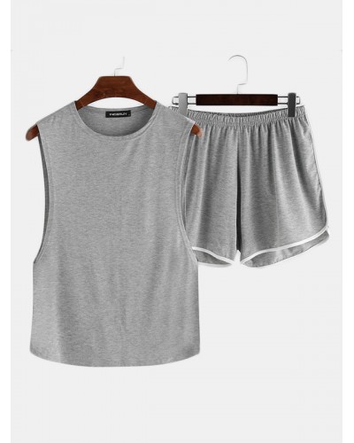 Men Loose Pajamas Set Side Open Tank Tops Thin Breathable Boxer Shorts Plain Loungewear Suit