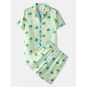 Mens Pajama Set Funny Pineapple Print Faux Sik Revere Collar Smooth Breathable Home Sleepwear