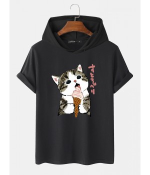 Mens Cute Cat Japanese Print Short Sleeve Drawstring Hooded T  Shirts