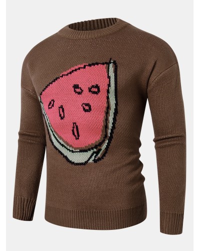 Mens Fruit Knitted Pattern Long Sleeve Casual Sweaters