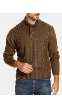 Men Cable Knit Lapel Button Solid Pullover Casual Sweaters