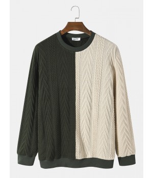 Men Patchwork Rib Knit Contrast Color Round Neck Pullover Sweaters