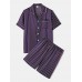 Mens Striped Smooth Revere Collar Pocket Button Up Home Faux Silk Pajama Set