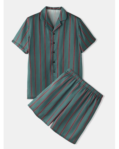 Mens Striped Revere Collar Short Sleeve Home Casual Faux Silk Pajama Set