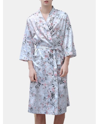 5 Patterns Mens Floral Print Longs Sleeve Home Smoth Pajama Robe