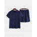 Mens V  Neck Solid Color Short Sleeve Elastic Waist Shorts Sleepwear Home Pajama Set