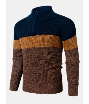 Mens Colorblock Knitting Half Zipper Front Drop Shoulder Casual Sweaters