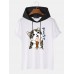 Mens Cute Cat Japanese Print Short Sleeve Drawstring Hooded T  Shirts