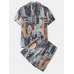Mens Ethnic Abstract Print Rereve Collar Pajama Set Two Pieces Breathable Home Sleepwear