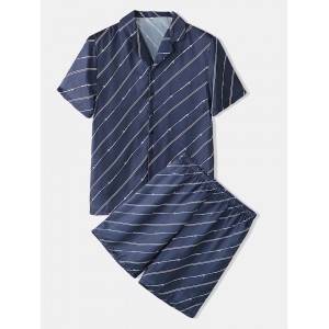 Mens Navy Stripe Pajama Set Revere Collar Two Pieces Faux Silk Home Sleepwear