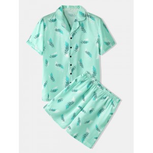 Mens Leaves Print Sleepwear Revere Collar Short Sleeve Home Pajama Set