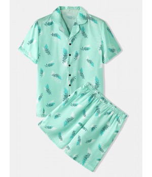 Mens Leaves Print Sleepwear Revere Collar Short Sleeve Home Pajama Set